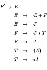 \begin{eqnarray*}
E' \rightarrow \cdot E \\
E &\rightarrow& \cdot E + F \\
E &...
...T \\
T &\rightarrow& \cdot (E) \\
T &\rightarrow& \cdot id \\
\end{eqnarray*}