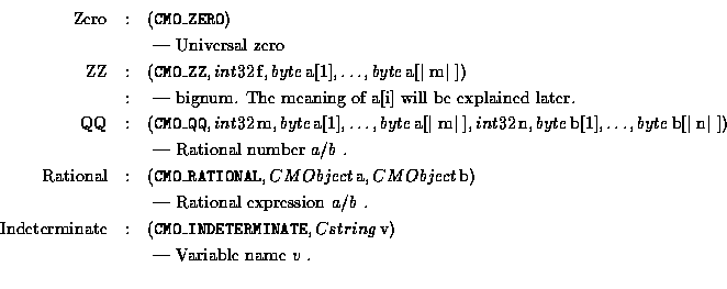\begin{eqnarray*}\mbox{Zero} &:& ({\tt CMO\_ZERO}) \\
& & \mbox{ --- Universal ...
...g}\, {\rm v}) \\
& & \mbox{ --- Variable name $v$\space . } \\
\end{eqnarray*}