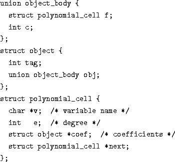 \begin{figure}
\par\begin{verbatim}union object_body {
struct polynomial_cell...
... coefficients */
struct polynomial_cell *next;
};\end{verbatim}\par\end{figure}