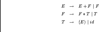 \begin{eqnarray*}
E &\rightarrow& E + F \ \vert\ F \\
F &\rightarrow& F * T \ \vert\ T \\
T &\rightarrow& (E) \ \vert\ id \\
\end{eqnarray*}