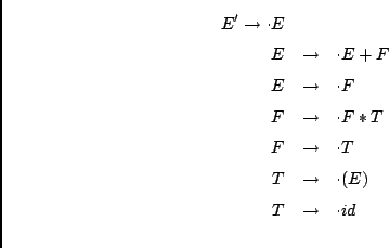 \begin{eqnarray*}
E' \rightarrow \cdot E \\
E &\rightarrow& \cdot E + F \\
E &...
...T \\
T &\rightarrow& \cdot (E) \\
T &\rightarrow& \cdot id \\
\end{eqnarray*}