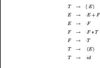 \begin{eqnarray*}
T &\rightarrow& (\cdot E ) \\
E &\rightarrow& \cdot E + F \\ ...
...T \\
T &\rightarrow& \cdot (E) \\
T &\rightarrow& \cdot id \\
\end{eqnarray*}