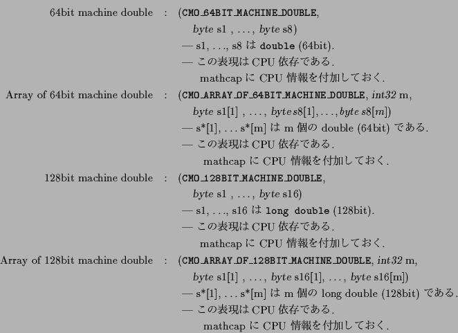 \begin{eqnarray*}
\mbox{64bit machine double} &:&
\mbox{({\tt CMO\_64BIT\_MACHI...
....}\\
& & \mbox{ \quad\quad mathcap に CPU 情報を付加しておく.}
\end{eqnarray*}